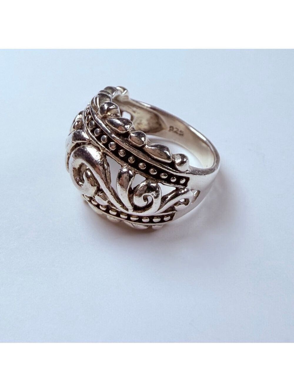 Dome Ornate Scroll & Filigree Dotted 925 Sterling Silver 16.5mm Vintage Ring - Picture 7 of 10